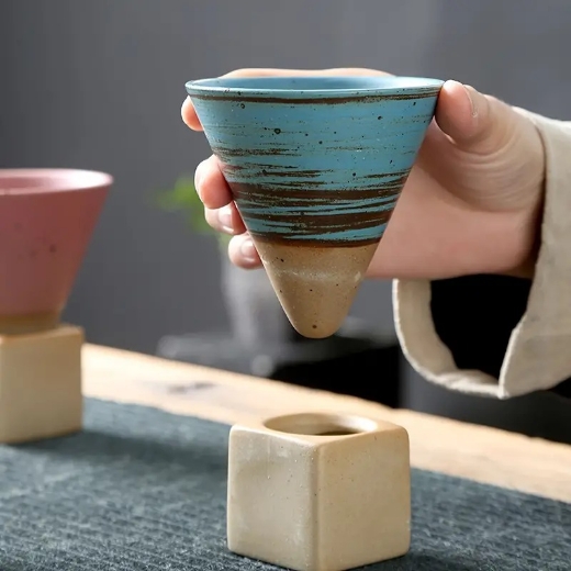 Picture of Set, Vintage Conical Coffee Mug With Stand, Coarse Pottery Coffee Cup With Holder, Drinkware