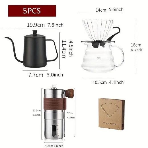 Picture of 5-Piece Manual Coffee Brewing Kit With Stainless Steel Grinder,